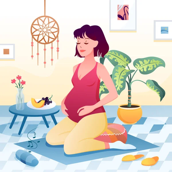 Щаслива активність вагітності вдома, молодий персонаж вагітних йога вправи — стоковий вектор