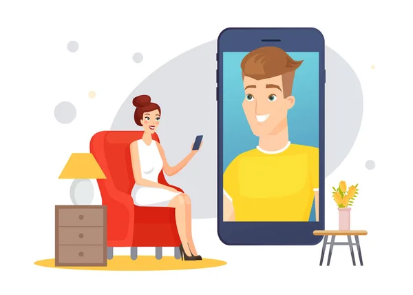 Video-Chat-Kommunikation, glückliche Frau im virtuellen Gespräch mit Mann online — Stockvektor