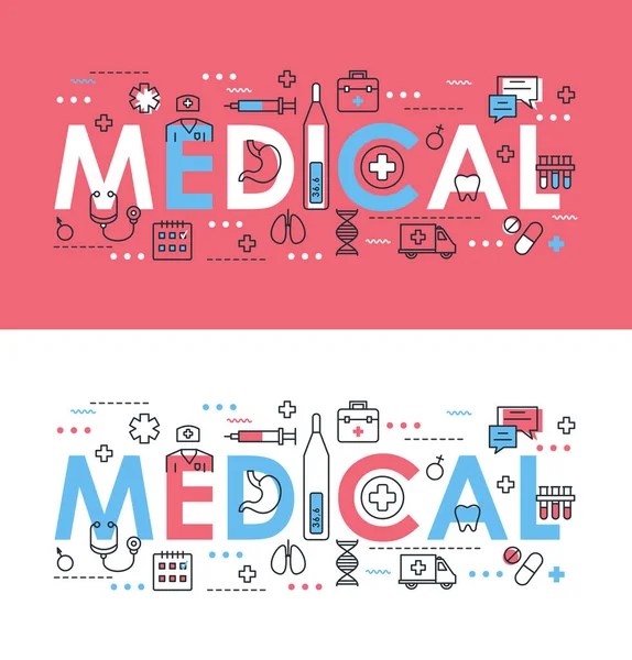 Medizinische Wort dünne Linie Vektor Illustration Set mit Medizin und Gesundheitswesen Symbole, medizinische Unterstützung, Arzt Diagnose, Behandlung im Krankenhaus — Stockvektor