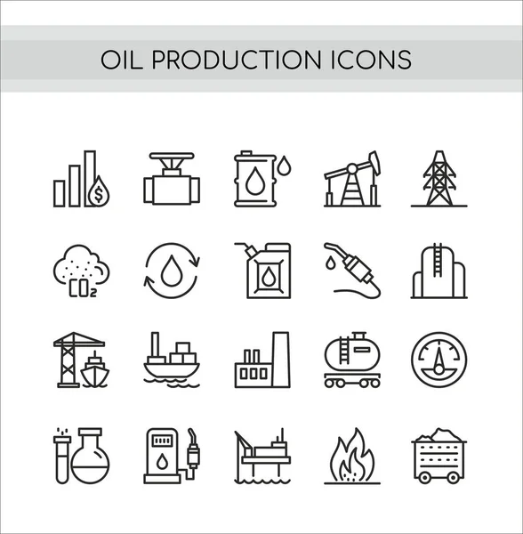Conjunto de ilustración de vectores de producción de petróleo, colección de iconos de línea delgada plana de extracción de yacimientos petrolíferos, transporte, símbolos de plantas de petróleo de refinería — Vector de stock