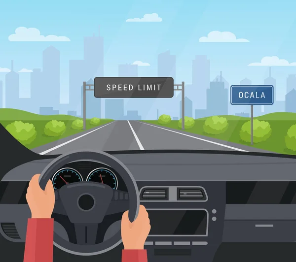 Οδηγώντας αυτοκίνητο έννοια ασφάλειας διανυσματική απεικόνιση. Cartoon επίπεδη ανθρώπινα χέρια οδηγού αυτοκίνητο σε ασφαλτοστρωμένο δρόμο με όριο ταχύτητας, ασφαλή πινακίδα στην εθνική οδό. Dashboard εσωτερικό αυτοκίνητο εσωτερικό φόντο άποψη. — Διανυσματικό Αρχείο