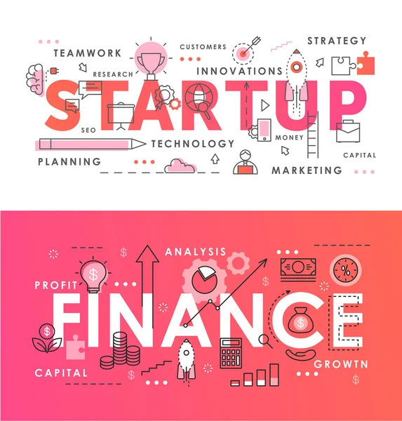 Finansiell start ord abstrakt tunn linje vektor illustration set med start företag projekt, ny forskning idé konceptuella symboler — Stock vektor