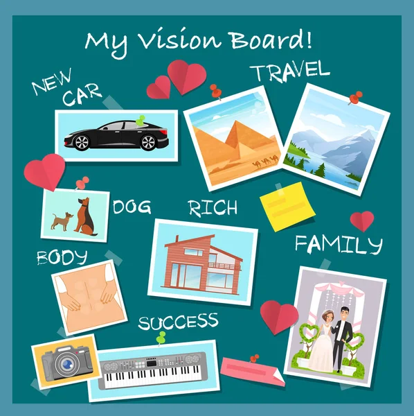 Vision board, kollázs álmokkal és célokkal vektor illusztráció. Rajzfilm lapos látnok példák a pénzügyi üzleti siker, utazási eredmények, boldog családi esküvő, motiváció a testedzés — Stock Vector