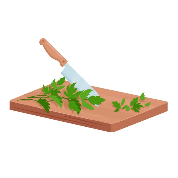 Levágott petrezselyemzöld fűszernövények, izometrikus vágódeszka, kés és friss zöldágak — Stock Vector