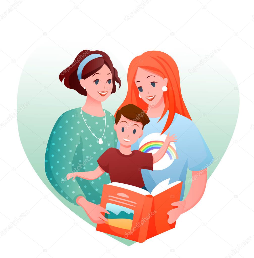 Lesbian family vector illustration, cartoon flat happy loving two mother characters with kid boy reading book together concept isolated on white