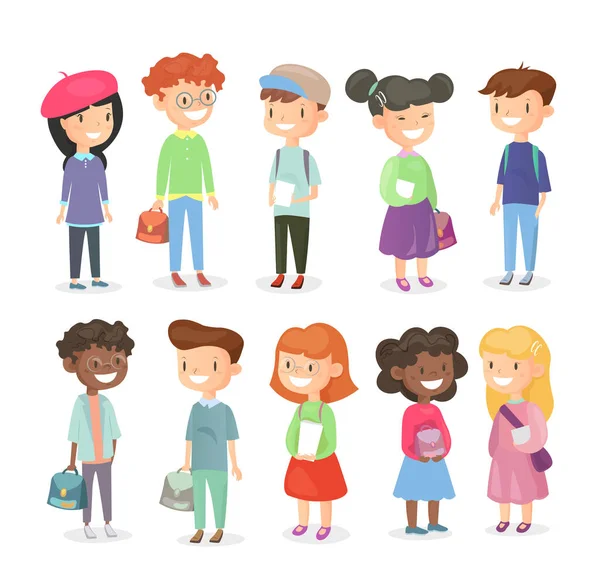 Vector illustration of pupils isolated on white background. Cute and happy girls and boys, schoolchildrens set in cartoon flat style. — Stock Vector