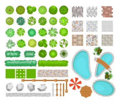 Peyzaj tasarımı için parlak renkli park elementlerinin vektör illüstrasyonu. Ağaçların, bitkilerin, mobilyaların, mimari elementlerin, havuzların ve çitlerin en üst görüntüsü. Banklar, sandalyeler ve masalar