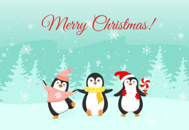 Yılbaşı karlı arka planda komik penguenler. Kış tatili tebrik kartı kavramı. Üzerinde düz çizgili penguenler var..