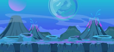 Güzel uzaylı fantastik manzarasının vektör çizimi. Oyun tasarımı için başka bir dünya arka planını serinlet, mavi renkli uzaylı gezegeni düz çizgi film tarzında.