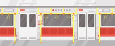 Boş metro treninin içi vektör çizimi. Modern şehir toplu taşımacılığı, düz çizgi film tarzında kırmızı koltuklu metro..