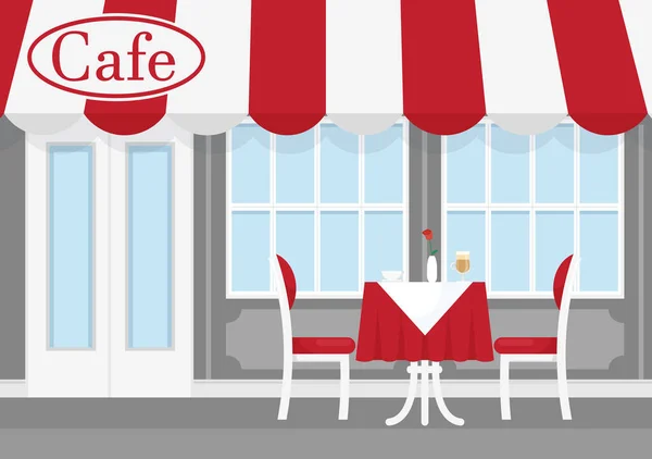 Vektor illustration av gatucafé med röd och vit randig markis, med bord, stolar och kaffe. Café av restaurang exteriör i platt tecknad stil. — Stock vektor