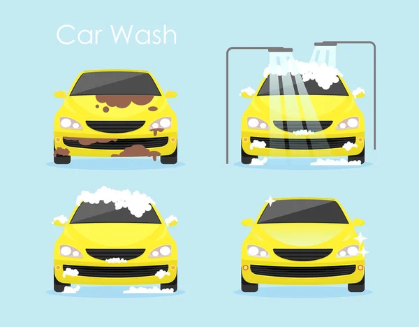 Ilustração vetorial do conceito de lavagem de carros. Carro amarelo colorido está limpando passo a passo no fundo azul no estilo de desenho animado plano. — Vetor de Stock