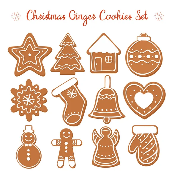 Vektorová ilustrační sada vánoční perníkové soupravy s bílou dekorativní glazurou. Zázvor cookies ve vánočním stylu izolované na bílém pozadí v plochém kresleném stylu. — Stockový vektor