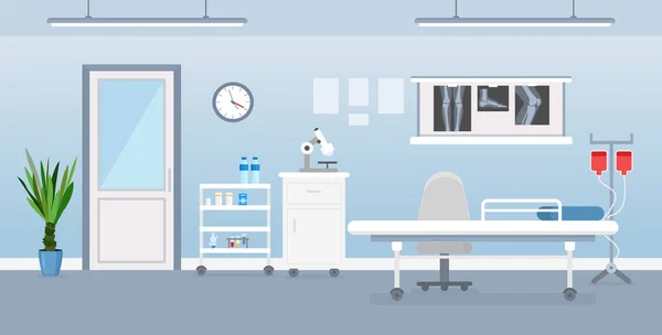 Wektorowa ilustracja wnętrza szpitalnego pokoju z narzędziami medycznymi, łóżkiem i stołem. Pokój w szpitalu w stylu płaskiej kreskówki. — Wektor stockowy