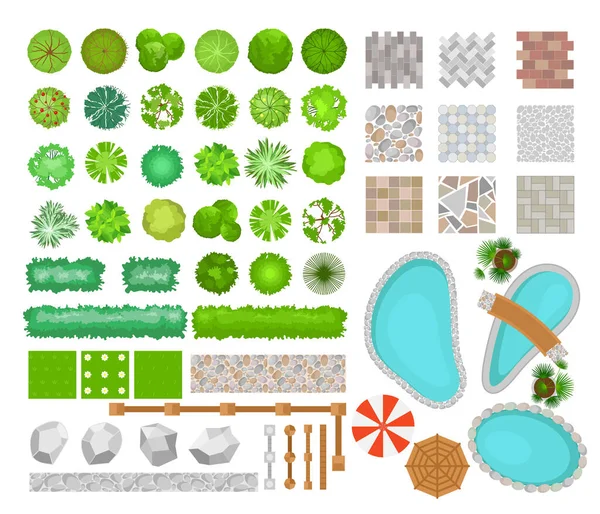 Vector illustratie set van heldere kleurrijke parck elementen voor landschapsontwerp. Bovenaanzicht van bomen, planten, tuinmeubilair, architectonische elementen, zwembaden en hekken. Banken, stoelen en tafels — Stockvector