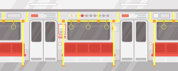 Vector illustration interior of empty subway train. Modern city public transport, Underground train in flat cartoon style with red seats. — Stock Vector