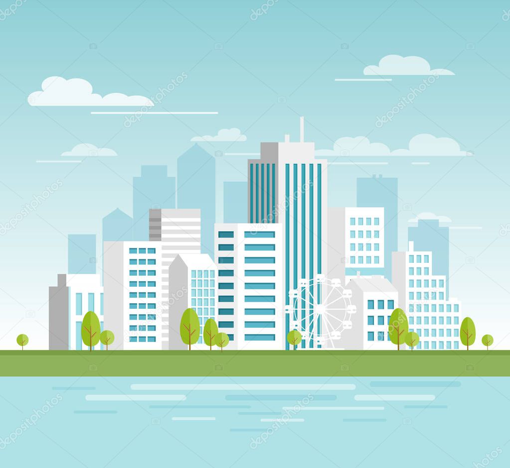 Vector illustration of modern urban cityscape with white skyscrapers, eco city with big modern buildings for your design, banners. City in flat cartoon style.