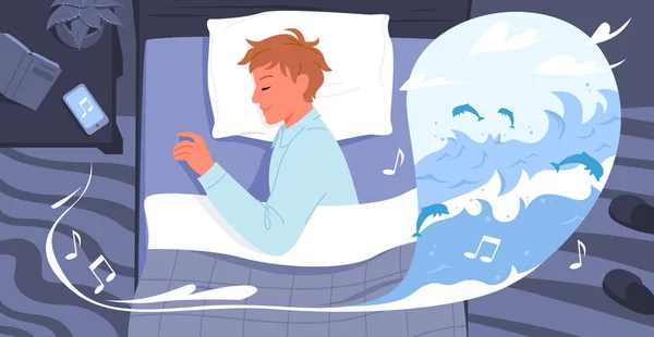 Tecknad sömnig kille karaktär i pyjamas ligger på sängen kudde i sovrum, sova bättre till bra musik bakgrund. Friska sömn på natten, ung man lyssnar lugn musik i telefon vektor illustration. — Stock vektor