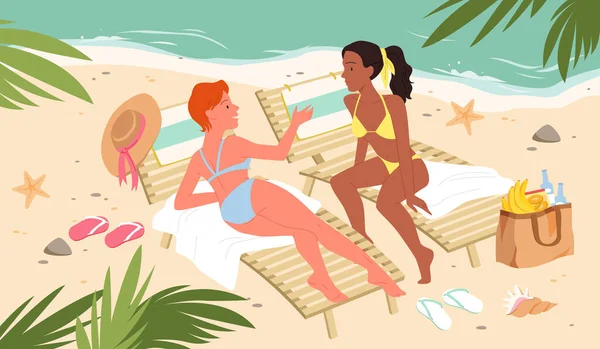 Дівчата у відпустці, тропічний морський курорт, засмагають на літньому пляжі, лежачи на стільці — стоковий вектор