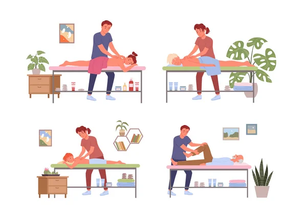Fisioterapia de masaje cuidado corporal, pacientes personas se relajan en la clínica o salón de masajes conjunto — Archivo Imágenes Vectoriales