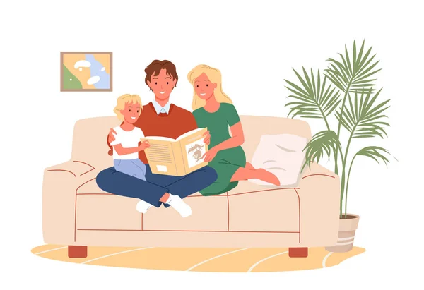 Pais pessoas lendo livro de história de aventura para criança, sentados juntos no sofá acolhedor — Vetor de Stock