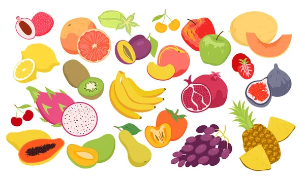 Conjunto de frutas, productos alimenticios tropicales frescos orgánicos de verano para el mercado agrícola agrícola agrícola — Vector de stock