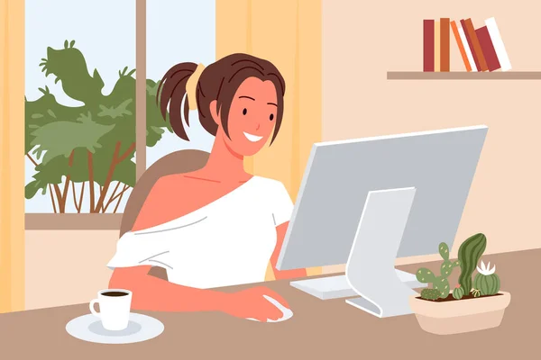 Chica independiente trabajando en casa con inspiración, artista diseñadora estudiante o freelancer — Archivo Imágenes Vectoriales