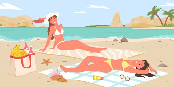 Chicas amigos en bikini relajarse, tomar el sol juntos, vacaciones de verano playa tropical mar — Vector de stock