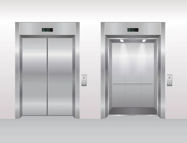 Elevador puertas vector ilustración, dibujos animados vacío oficina moderna o interior del edificio del hotel, puertas de ascensor abiertas y cerradas realistas — Vector de stock