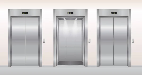 Векторная иллюстрация дверей лифта, мультипликационная квартира, пустой реалистичный современный интерьер офиса в коридоре с открытыми дверями лифта — стоковый вектор