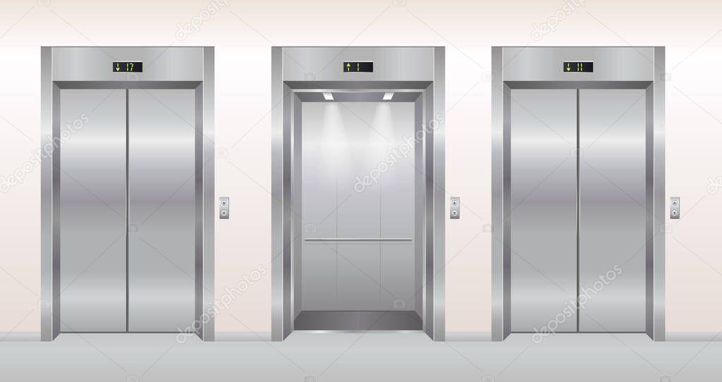 Elevator doors vector illustration, cartoon flat empty realistic modern office hallway interior with open closed elevator doors background