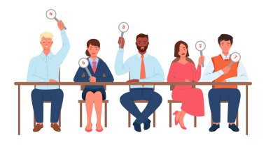 Yargıçlar, insanlar komitesi vektör illüstrasyonunu değerlendiriyor. Karikatür karikatüründeki kadın karakterler, kart kartı ile oy veriyorlar ve skor gösteriyorlar, aynı masada oturuyorlar..