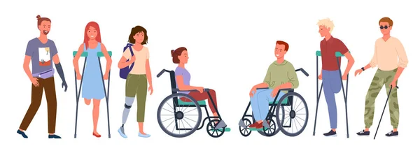 Ustawione osoby niepełnosprawne, uśmiechnięty mężczyzna kobieta niepełnosprawni pacjenci stojący w rzędzie — Wektor stockowy