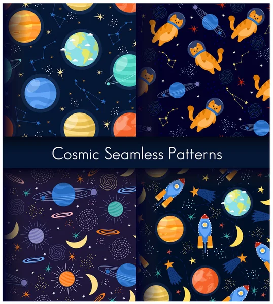 Space galaxy constellation, planet stars, rocket with cat astronaut seamless pattern set