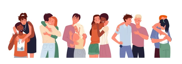 Dibujos animados personas felices amigos abrazo, mujer diversa hombre carácter de pie juntos, joven pareja de novia y novio abrazos, amor y amistad aislado en blanco. — Vector de stock