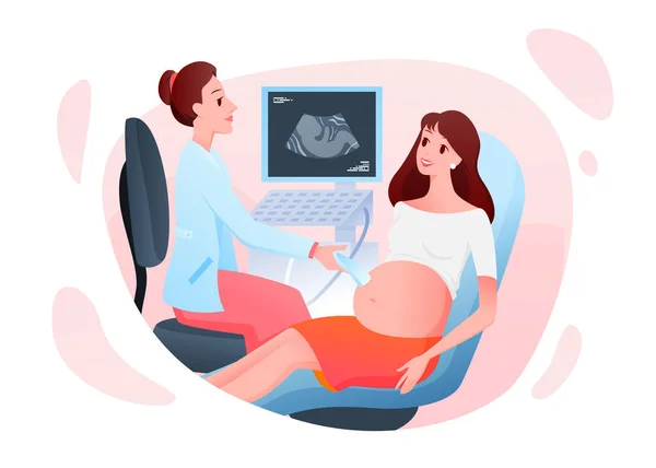 Medicine pregnancy consultation, doctor examining pregnant woman with ultrasound scanner — Stock Vector