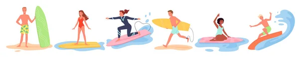 Surf de verano conjunto de actividades deportivas de playa, surfistas jóvenes surf en el océano o las olas del mar — Archivo Imágenes Vectoriales