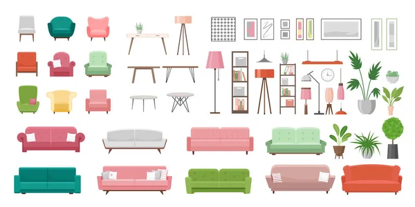 Möbler vektor illustration set, tecknad platt inredning design, designer trendiga objekt för hem lägenhet eller kontor inredning isolerad på vitt — Stock vektor