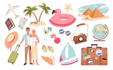 İnsanlar ve seyahat yaz tatili seti, seyahat eşyalarıyla tatil seyahati, bavul