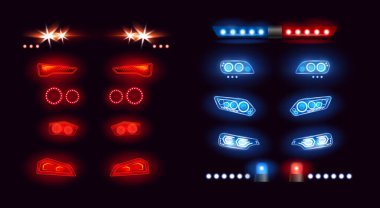 Araba farları, araba ışığı. Gerçekçi oto-ışıklandırma ön görüş koleksiyonu gece parlayan efekt, araç tamponunda parlak mavi lambalar, siyah arka plan.
