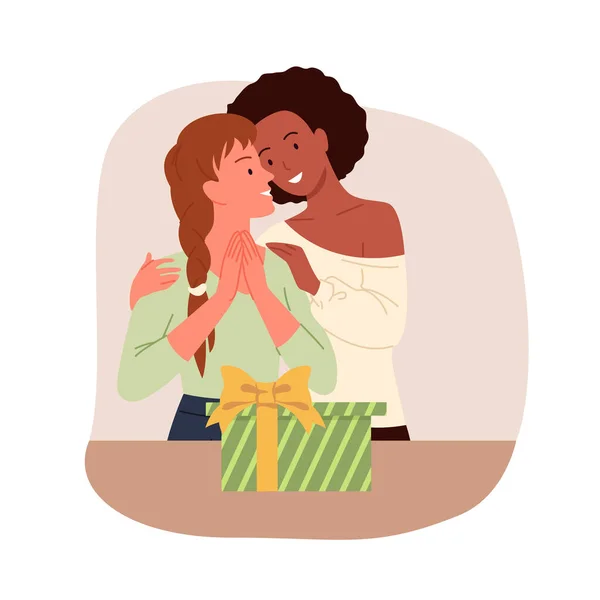 Pareja de chicas con caja de regalo, amor romántico citas celebración, amantes felices abrazos — Vector de stock