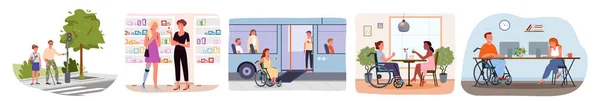Pessoas com deficiência em cenas de estilo de vida, mundo internacional deficiência dia vetor ilustração set. Mulher com prótese e em cadeira de rodas, homem cego, menina em muletas isoladas em branco. — Vetor de Stock