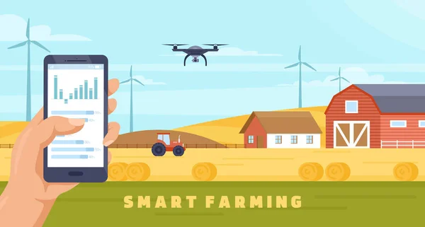 Tecnologia de agricultura inteligente, mãos de fazendeiro de desenhos animados segurando telefone para controlar drone — Vetor de Stock