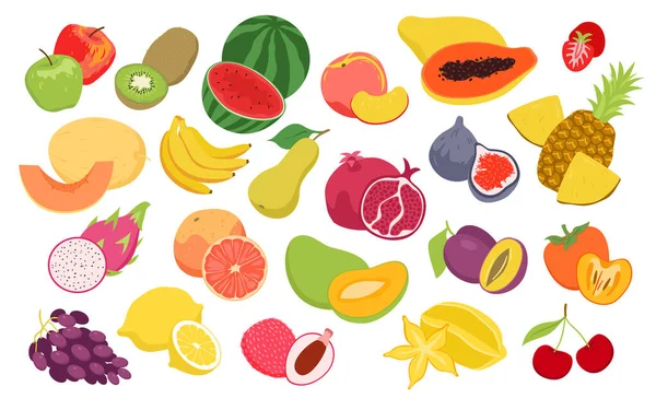 Conjunto de alimentos de frutas, productos frescos ecológicos de temporada de verano para el mercado agrícola. Dibujos animados colección afrutada con fresa naranja manzana piña plátano melocotón aislado en blanco. — Vector de stock