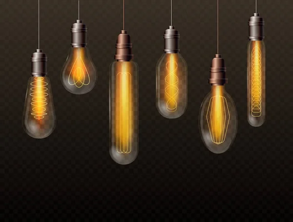 Ampoules réalistes réglées, décor tendance lampes en verre brillant suspendues à de longs filaments — Image vectorielle