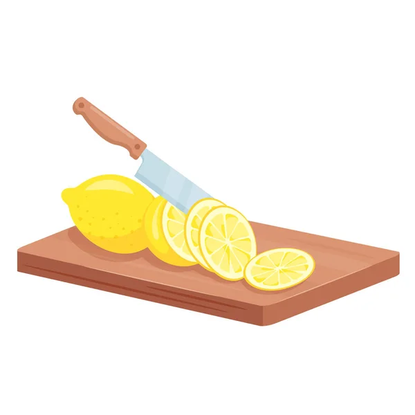 Κόψτε τα φρούτα λεμονιού, ισομετρικά ώριμα ζουμερά φέτες λεμονιού chopped βρίσκονται σε σανίδα της κουζίνας — Διανυσματικό Αρχείο