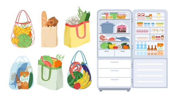Refrigerador con puerta abierta, bolsas llenas de comida de la tienda de comestibles o supermercado — Archivo Imágenes Vectoriales