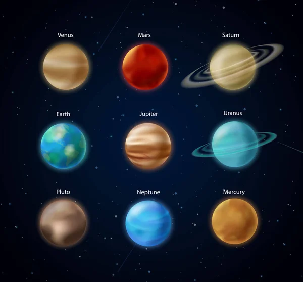 Planetas del sistema solar, esfera de la Tierra Marte Mercurio Júpiter Venus Neptuno Saturno Urano — Vector de stock