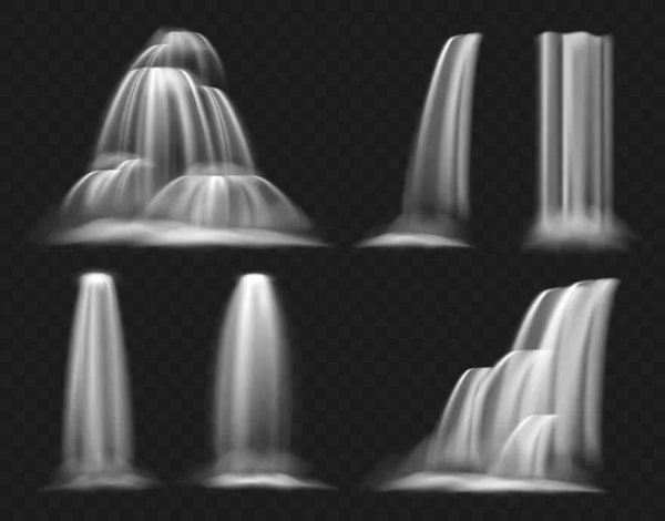 Realista conjunto de ilustración de vectores de cascada, corriente de agua clara de cascada, géiser o fuente cayendo, fluyendo y en cascada con salpicaduras, varias formas. — Vector de stock