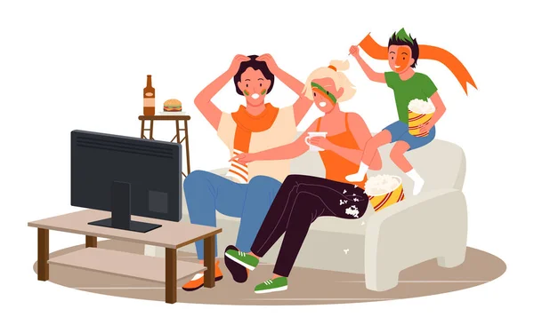 Familiares fans viendo el torneo de fútbol juntos, personajes sentados en el sofá — Vector de stock